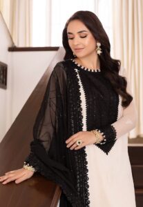 Elegant Black & Ivory Crepe Suit Set with Sequins Work Dupatta – Ready to Wear