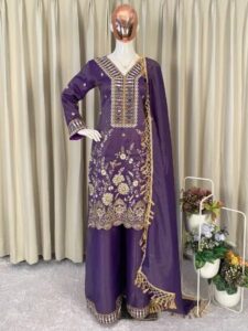 Lavender Real Mirror Kurta Palazzo in Coss Moss With Sequence Embroidery