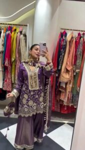 Lavender Real Mirror Kurta Palazzo in Coss Moss With Sequence Embroidery