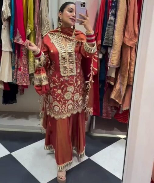 Orange Cosmos Mirror Embroidery Work Salwar Suit