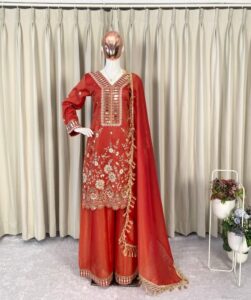 Orange Cosmos Mirror Embroidery Work Salwar Suit