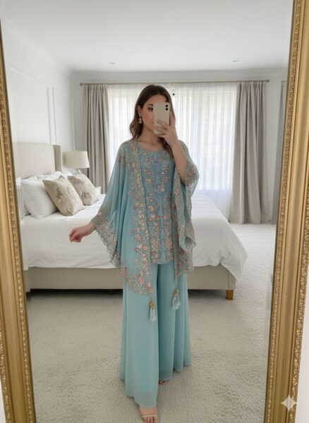 DESIGNER WEAR KURTA PLAZZO PAIR WITH SHRUGE IN SEQUENCE EMBROIDERY WORK❤️