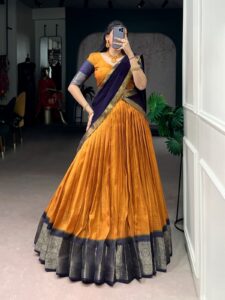 A stunning blend of elegance and heritage – Dola Tex lehenga with intricate zari weaving and georgette dupatta designed to make every moment special.