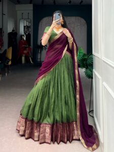 A stunning blend of elegance and heritage – Dola Tex lehenga with intricate zari weaving and georgette dupatta designed to make every moment special.