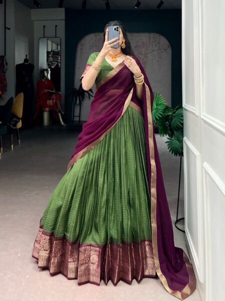 A stunning blend of elegance and heritage – Dola Tex lehenga with intricate zari weaving and georgette dupatta designed to make every moment special.