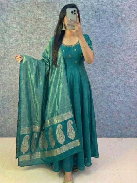 Premium Vichitra Silk Handwork Anarkali Gown with Banarasi Dupatta | Festive Designer Wear for Women