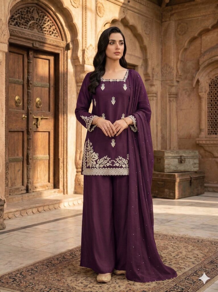 Elegant Black Roman Silk Suit Set with Sequins Embroidery & Pearl Dupatta – Ready to Wear