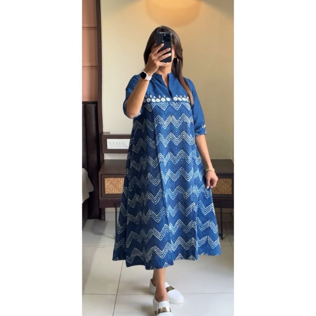 Cotton Zig-Zag Printed Midi Gown Dress for Women | Casual Summer A-Line Dress with Embroidery Yoke
