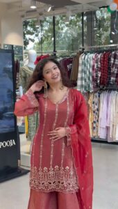 Elegant Rust Crunchy Fabric Palazzo Suit Set with Beads & Sequins Embroidery – Ready to Wear