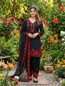 Elegant Black Crepe Silk Suit Set with Red Embroidery & Organza Dupatta – Ready to Wear