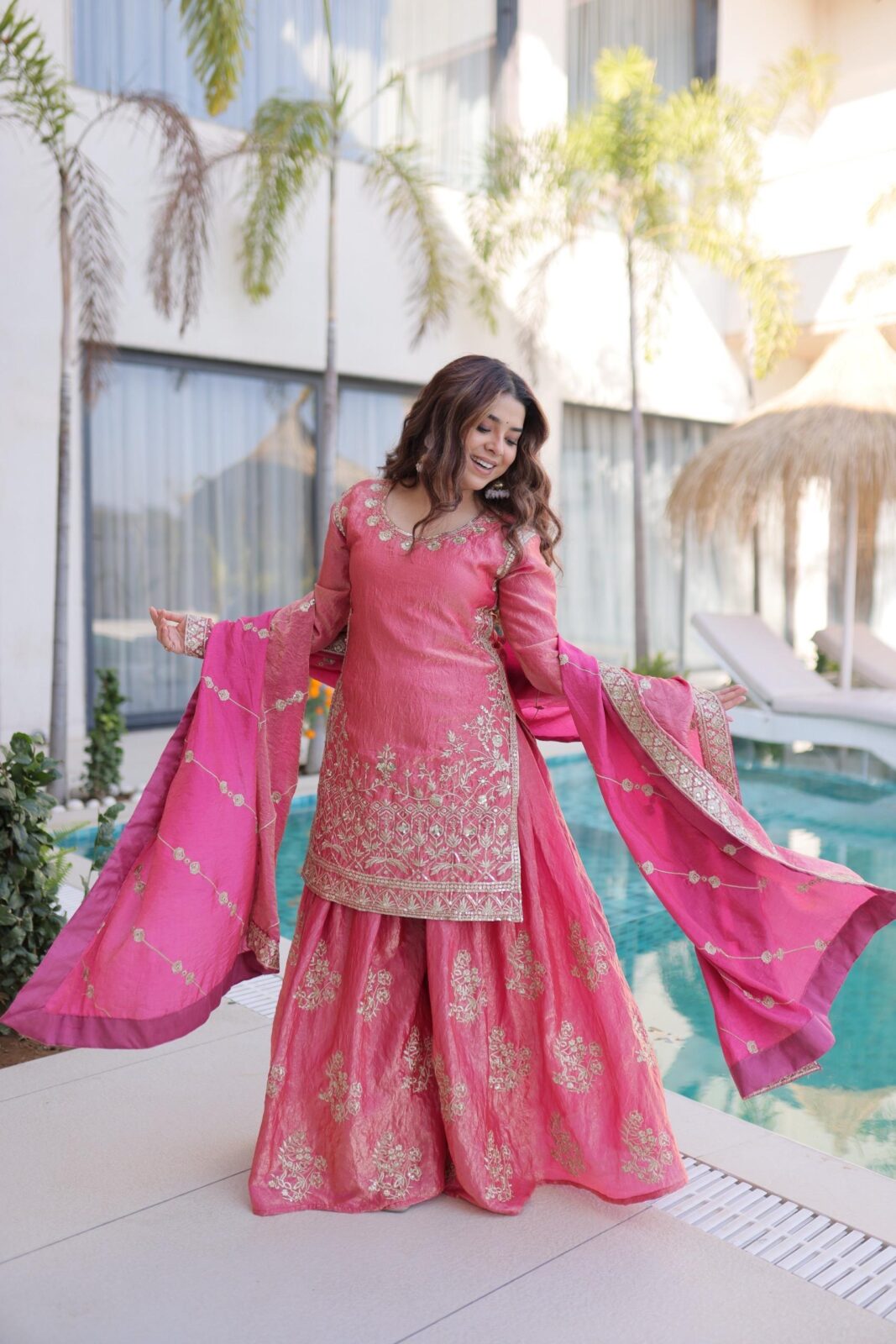 Premium Designer Fendi Crush Top Sharara Set with Dupatta | Embroidered Festive Wear for Women