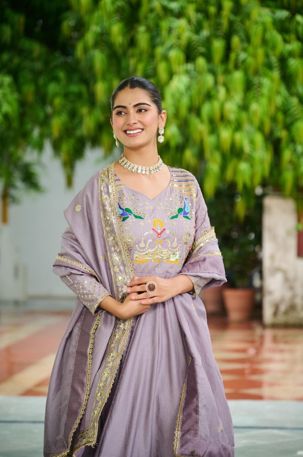 Premium Vichitra Silk Embroidered Anarkali Gown with Dupatta | Designer Festive Wear for Women