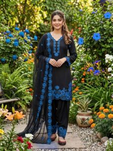 Elegant Black Crepe Silk Suit Set with Red Embroidery & Organza Dupatta – Ready to Wear