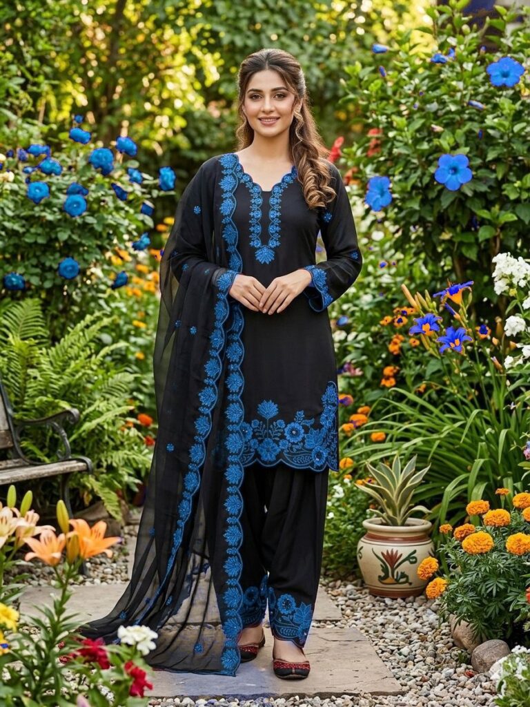 Elegant Black Crepe Silk Suit Set with Red Embroidery & Organza Dupatta – Ready to Wear