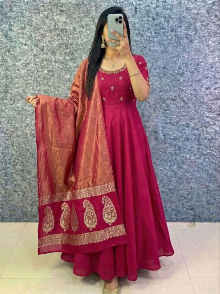 Premium Vichitra Silk Handwork Anarkali Gown with Banarasi Dupatta | Festive Designer Wear for Women