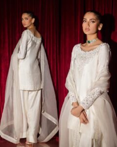 Ivory Crepe Suit Set with Farshi Salwar & Organza Dupatta – Ready to Wear