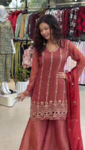 Elegant Rust Crunchy Fabric Palazzo Suit Set with Beads & Sequins Embroidery – Ready to Wear