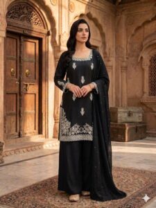 Elegant Black Roman Silk Suit Set with Sequins Embroidery & Pearl Dupatta – Ready to Wear