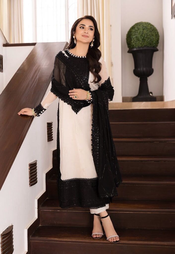 Elegant Black & Ivory Crepe Suit Set with Sequins Work Dupatta – Ready to Wear