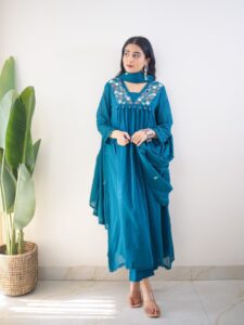 Elegant Cotton Embroidered Anarkali Kurti Pant Dupatta Set (Festive Wear | Teal Green)
