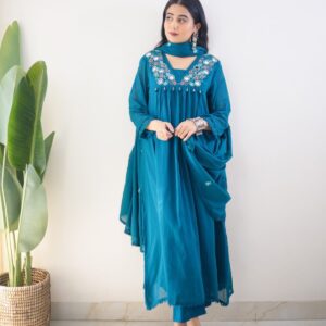 Elegant Cotton Embroidered Anarkali Kurti Pant Dupatta Set (Festive Wear | Teal Green)