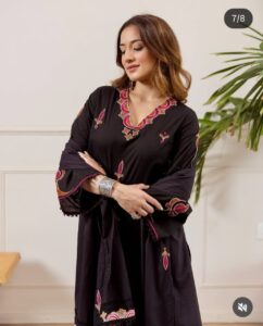 Premium Cotton Embroidered Short Kurti with Straight Pant & Chanderi Dupatta Set (Party Wear | Black)