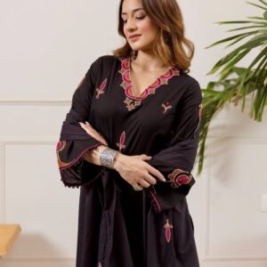 Premium Cotton Embroidered Short Kurti with Straight Pant & Chanderi Dupatta Set (Party Wear | Black)