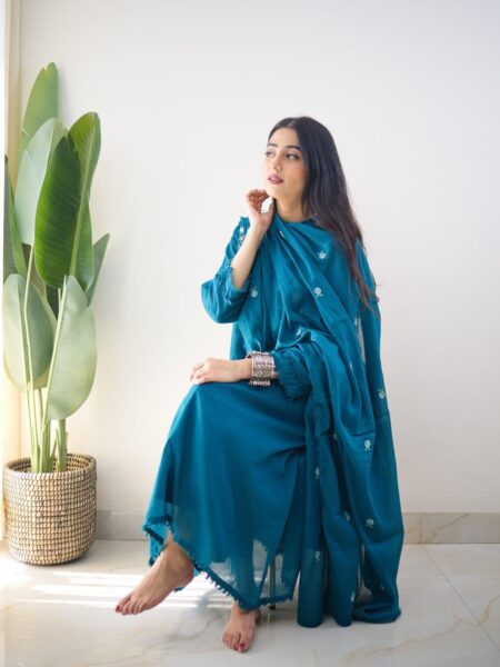 Elegant Cotton Embroidered Anarkali Kurti Pant Dupatta Set (Festive Wear | Teal Green)