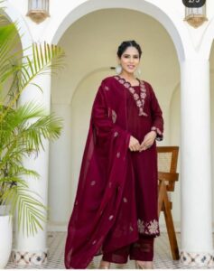 Women’s Premium Cotton 60×60 Embroidered Kurti Pant Dupatta Set – Party Wear Ethnic Suit