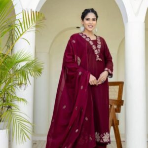 Women’s Premium Cotton 60x60 Embroidered Kurti Pant Dupatta Set – Party Wear Ethnic Suit