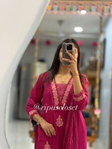 Premium Cotton Embroidered Kurti Pant Dupatta Set (Sequence Work | Festive Wear | Pink/Rust)