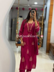 Premium Cotton Embroidered Kurti Pant Dupatta Set (Sequence Work | Festive Wear | Pink/Rust)
