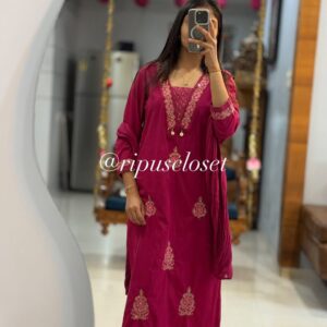 Premium Cotton Embroidered Kurti Pant Dupatta Set (Sequence Work | Festive Wear | Pink/Rust)