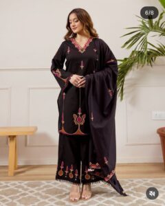 Premium Cotton Embroidered Short Kurti with Straight Pant & Chanderi Dupatta Set (Party Wear | Black)