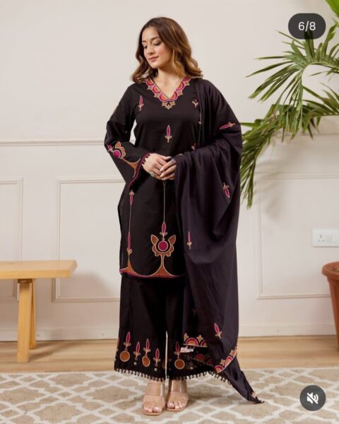 Premium Cotton Embroidered Short Kurti with Straight Pant & Chanderi Dupatta Set (Party Wear | Black)