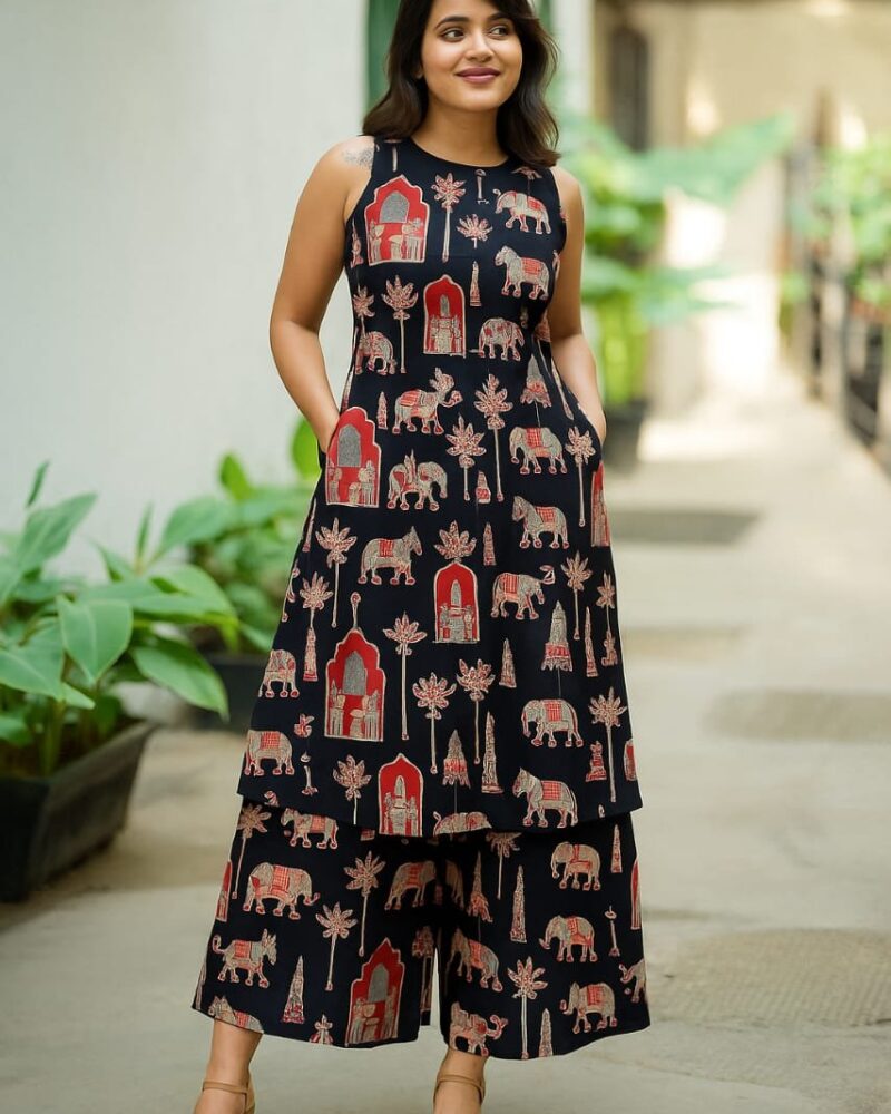 Black Printed Sleeveless Kurta Palazzo Set for Women