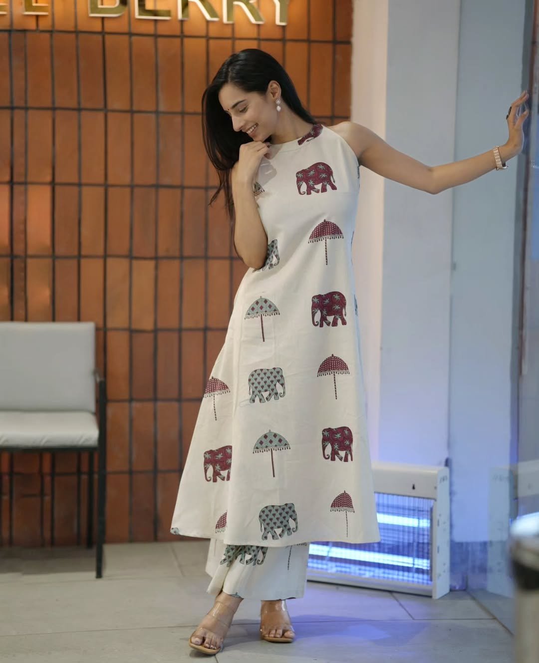 White Elephant Print Sleeveless Kurta Palazzo Set for Women