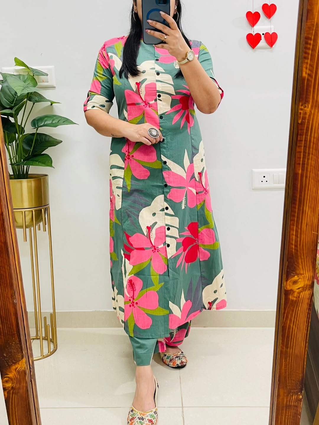 Women’s Pure Cotton Floral Printed Collar Kurta Pant Co-ord Set | Summer Wear Long Kurti Set