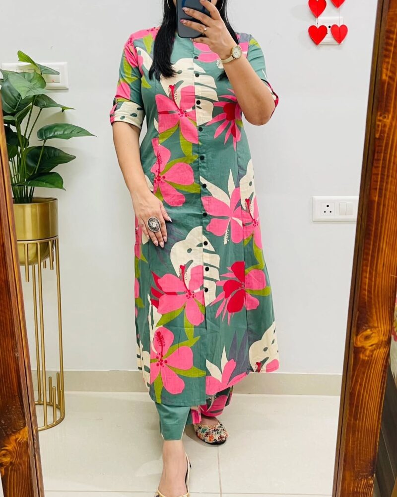 Women’s Pure Cotton Floral Printed Collar Kurta Pant Co-ord Set | Summer Wear Long Kurti Set