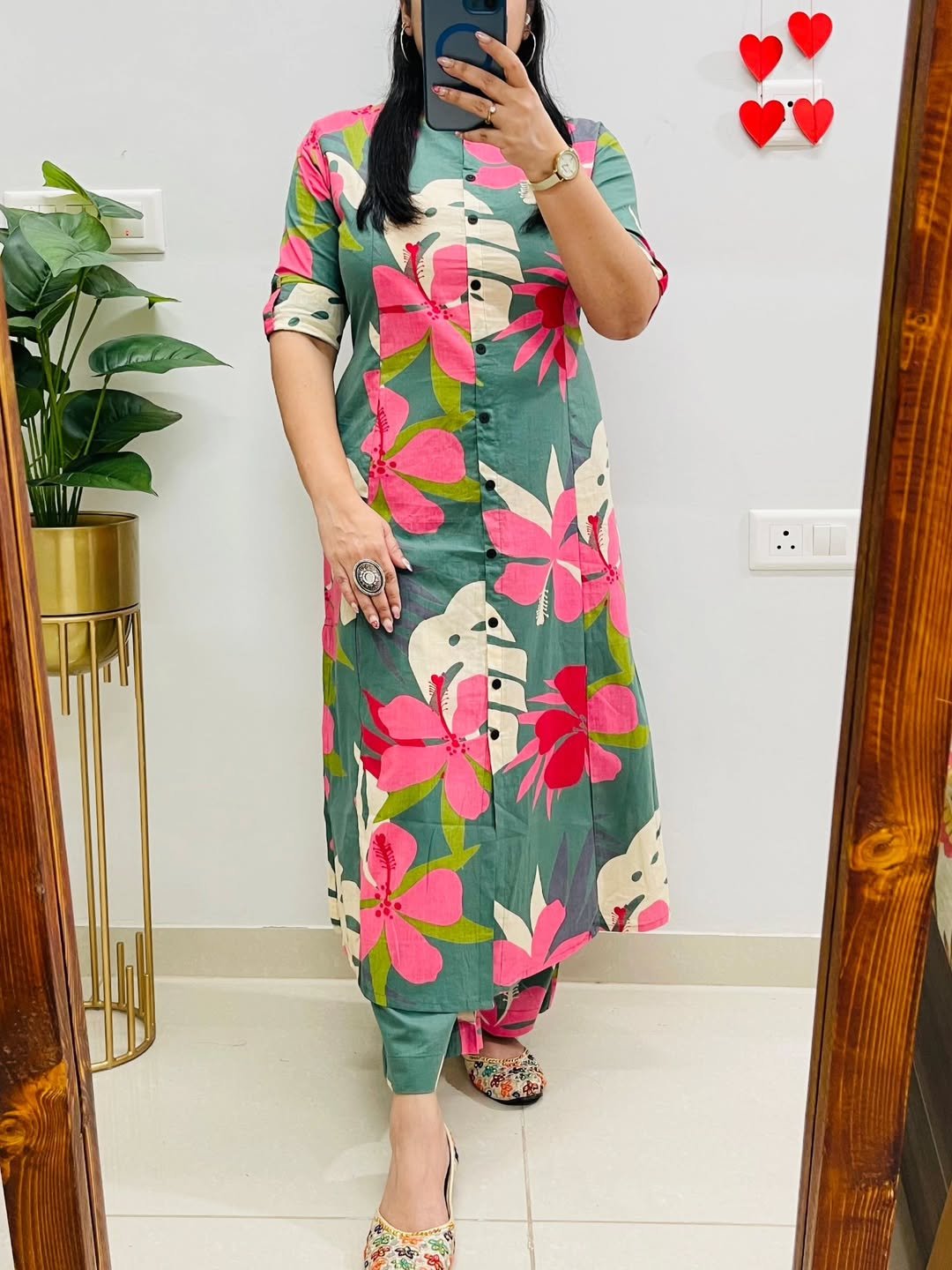 Women’s Pure Cotton Floral Printed Collar Kurta Pant Co-ord Set | Summer Wear Long Kurti Set
