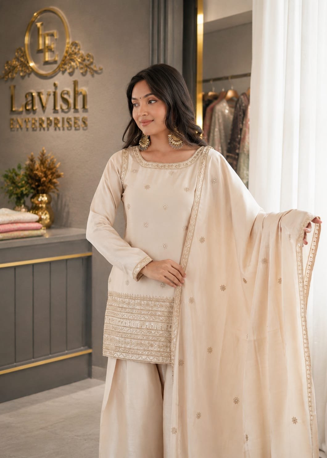 Premium Glass Roman Silk Farshi Salwar Suit Set for Women | Indian Pakistani Wedding Outfit | Embroidered Ethnic Suit | Festive Party Wear Dress | Cream Beige Salwar Kameez