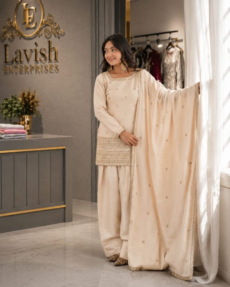 Premium Glass Roman Silk Farshi Salwar Suit Set for Women | Indian Pakistani Wedding Outfit | Embroidered Ethnic Suit | Festive Party Wear Dress | Cream Beige Salwar Kameez