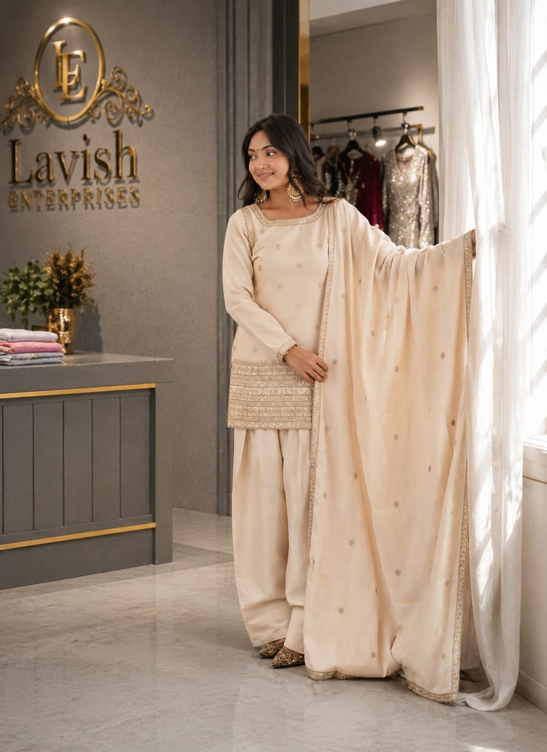 Premium Glass Roman Silk Farshi Salwar Suit Set for Women | Indian Pakistani Wedding Outfit | Embroidered Ethnic Suit | Festive Party Wear Dress | Cream Beige Salwar Kameez
